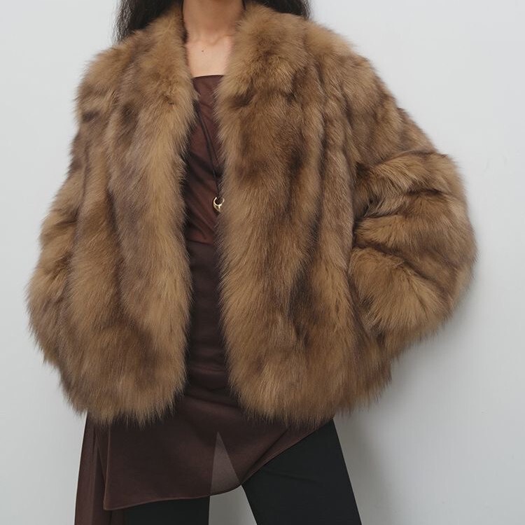 Vintage Dyed Cream-Colored New Faux Fox Fur Coat, Maillard Retro Amber Brown Fur Coat, Eco-Friendly Plus