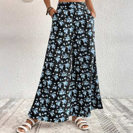 跨境外贸女式休闲裤亚马逊速卖通欧美时尚印花休闲薄款直筒裤子