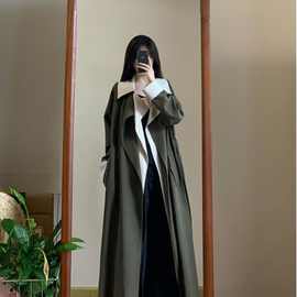 韩系撞色风衣外套女秋季新款设计感小众感假两件中长款大衣雀珉