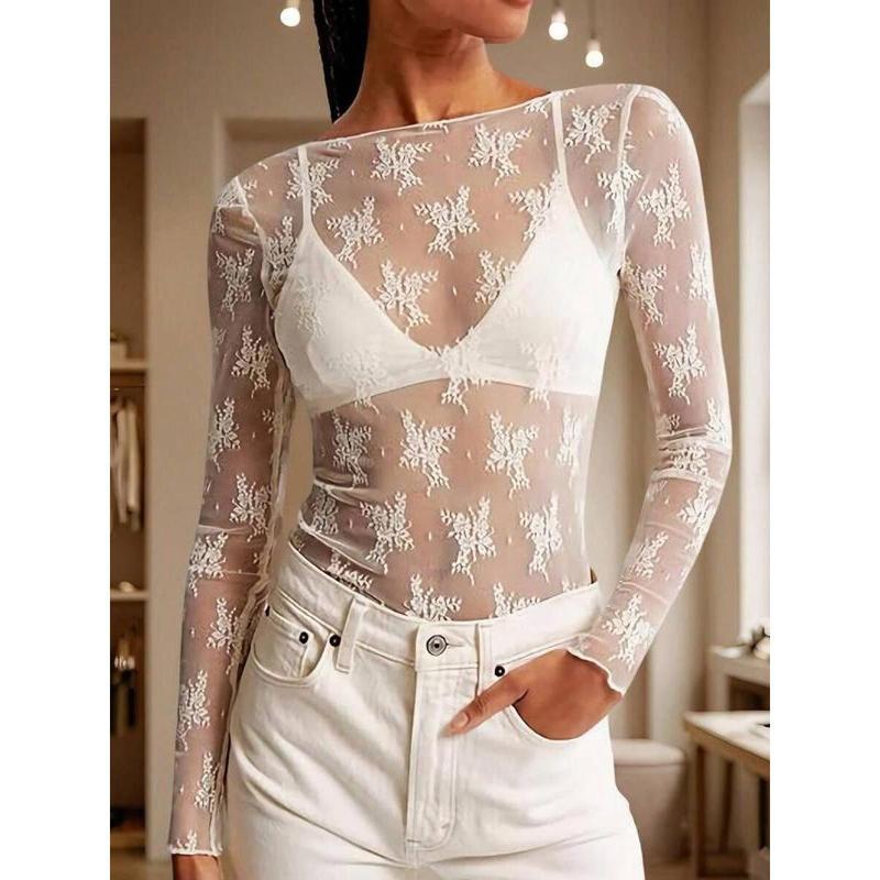Women's Sheer Floral Lace Top Casual Long Sleeve Boat Neck