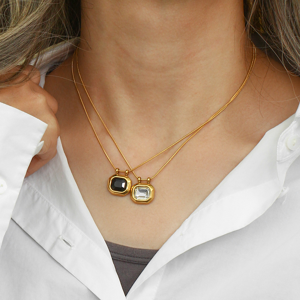 Vintage Style Square Stainless Steel Pendant Necklace Plating Zircon Stainless Steel Necklaces