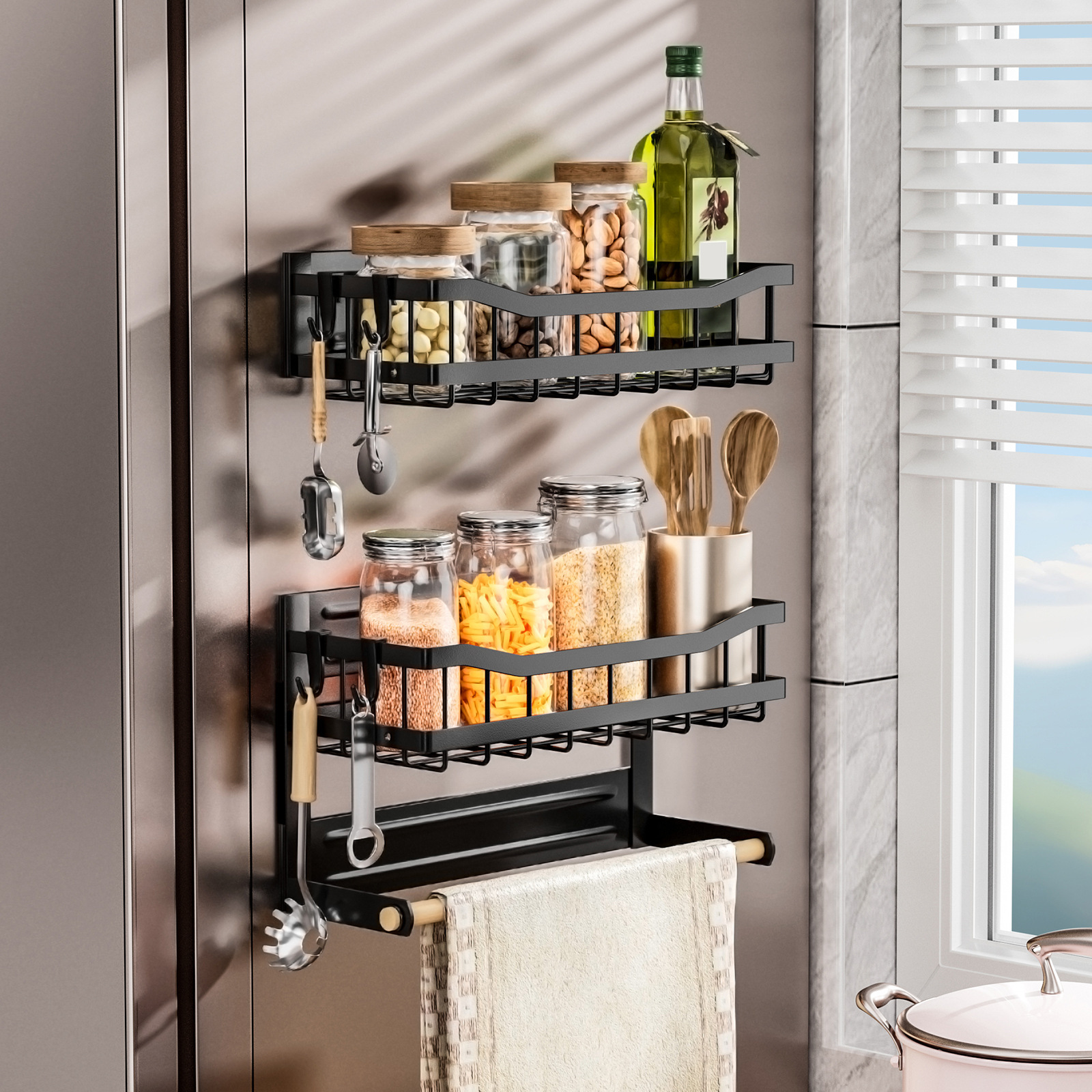 Fabricantes al por mayor frigorífico de succión magnética condimento bebida suministros de cocina almacenamiento estante de cocina colgante de pared