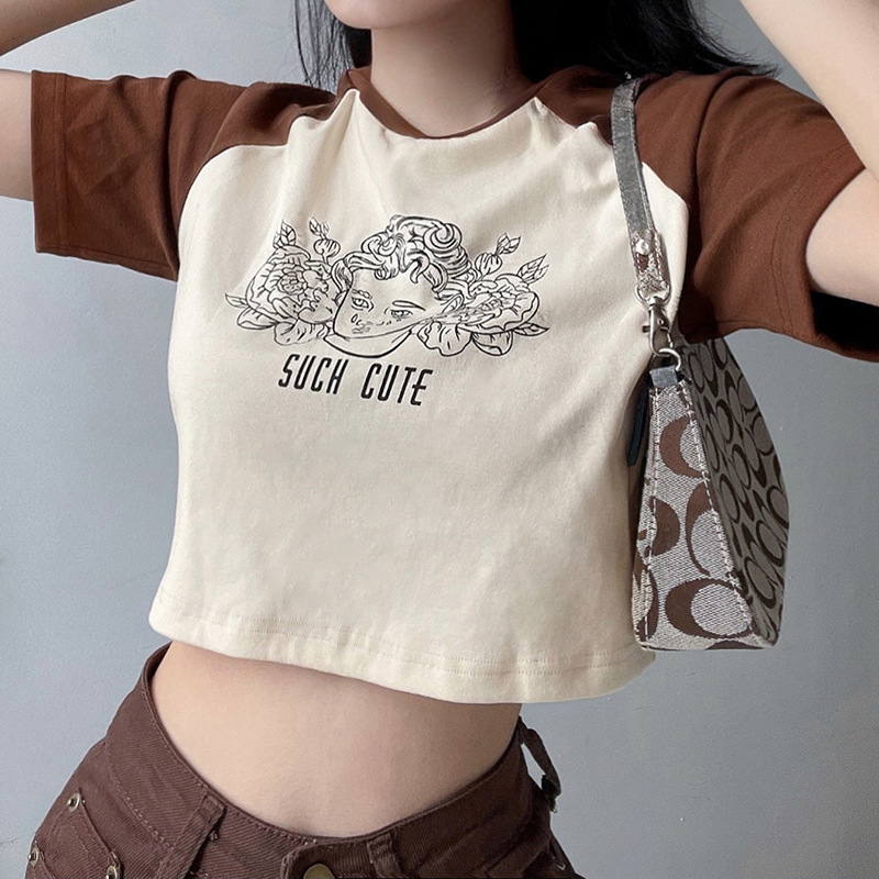 Round Neck Brown Raglan Sleeve Letter Printed Loose T-Shirt NSSSN75495