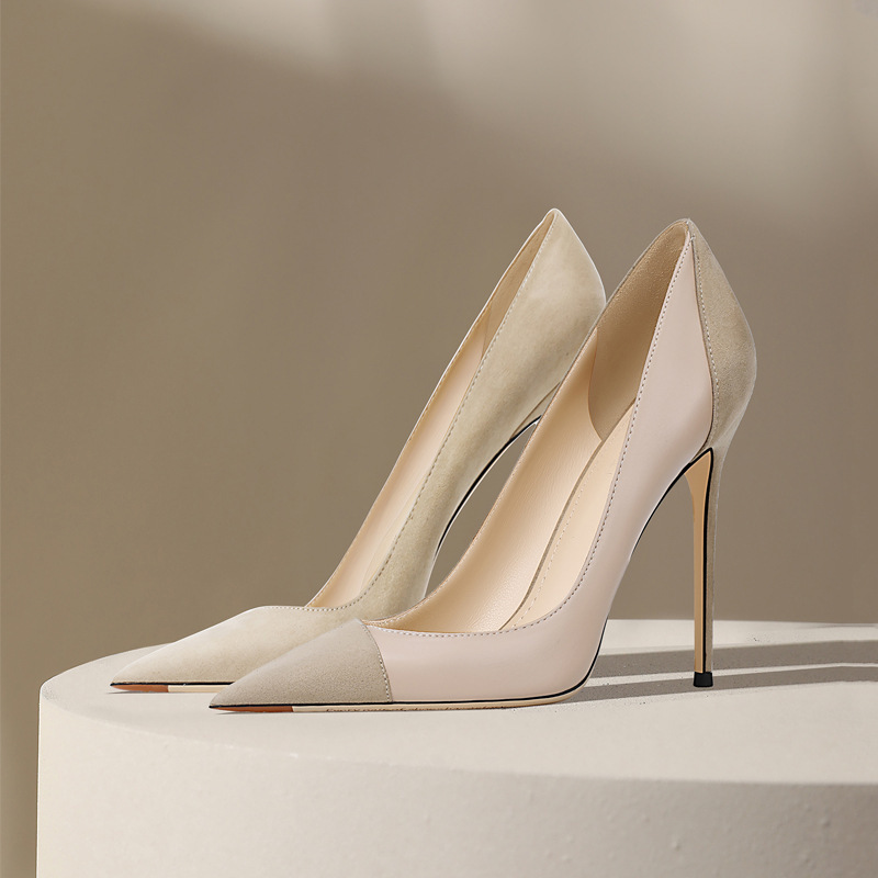 Nude High-Heeled Shoes for Women, 2026 New Model, Niche Color-Blocking French Style, Elegant Pointed-Toe Single Shoes, Thin Heels, Soft Leather