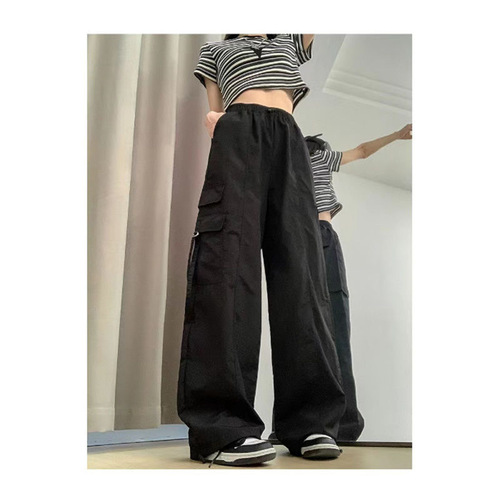 American-style parachute work pants for women, summer Hong Kong style loose drawstring wide-leg bootcut pants #2133