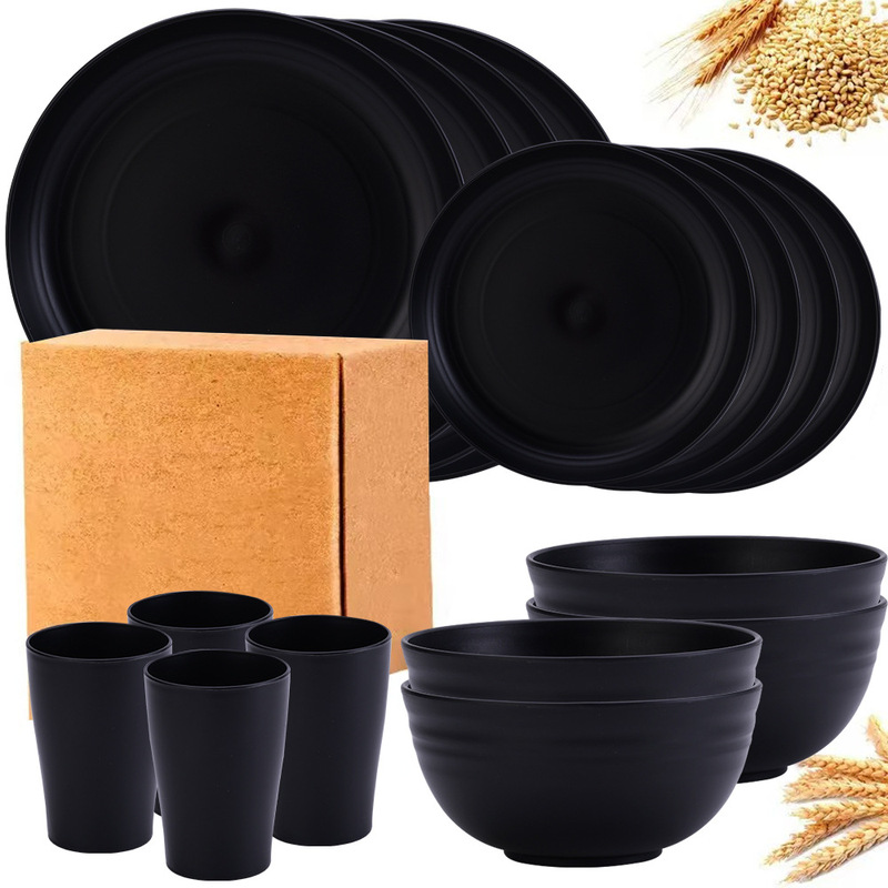 26-Year New Model Cross-Border Bowl and Plate Tableware Set, Black Wheat Straw Dinner Plate, Salad Bowl, Cup, 16-Piece Set
