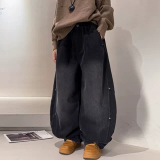 儿童加绒牛仔裤2026新款冬季男孩大童加厚阔腿裤男童好看弯刀裤潮