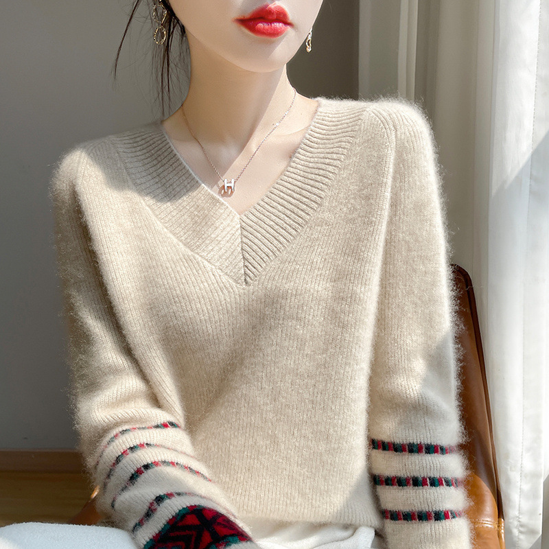 Autumn and Winter New V-Neck Women's 100 Pure Wool Sweater Color Matching Long-Sleeved Sweater Loose Lazy Style Knitted Inner Top