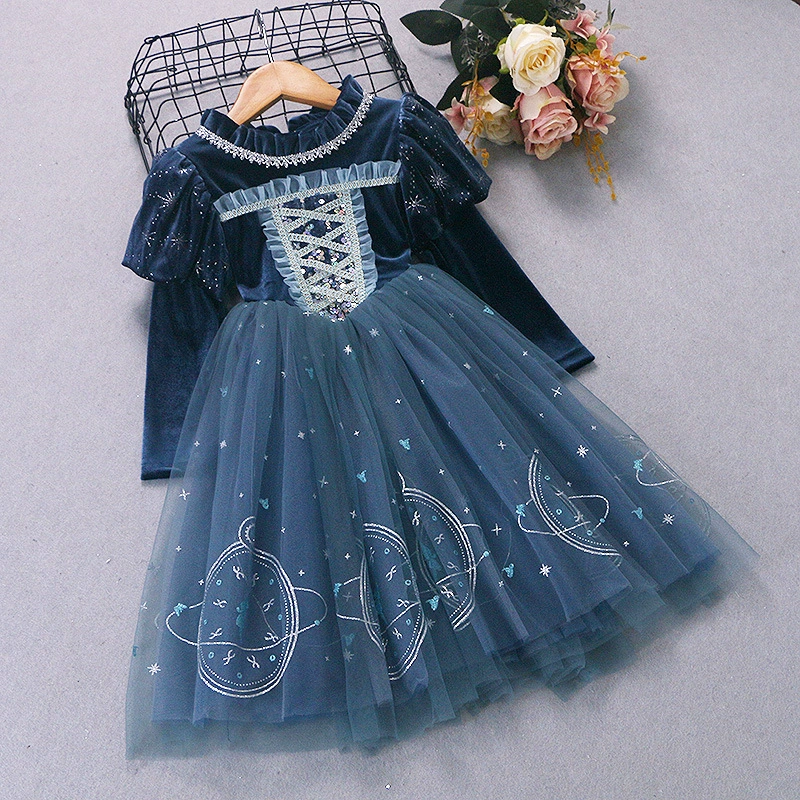 Синее бархатное платье Эльзы для девочек с сетчатой юбкой и звездочками, милый принцессный стиль, элегантный зимний новый фасон