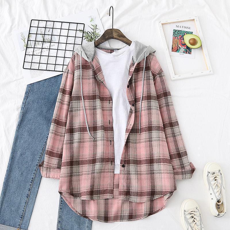 Spring and Summer Plaid Shirt for Female Students, Retro Loose Hong Kong Style Hooded Sun Protection Jacket, Cotton Trendy with Cotton