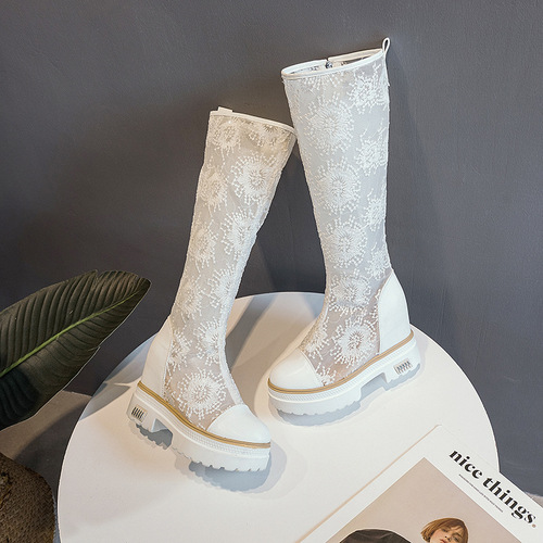 White embroidered mesh boots  spring and summer new style inner heightening thin over-the-knee boots mesh breathable versatile women's boots