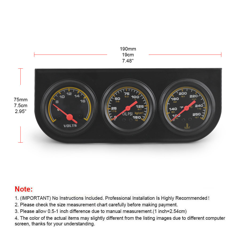 2-Inch 52mm Car Voltage, Oil Pressure, and Water Temperature Gauge Mechanical Three-In-One Combination Instrument Set