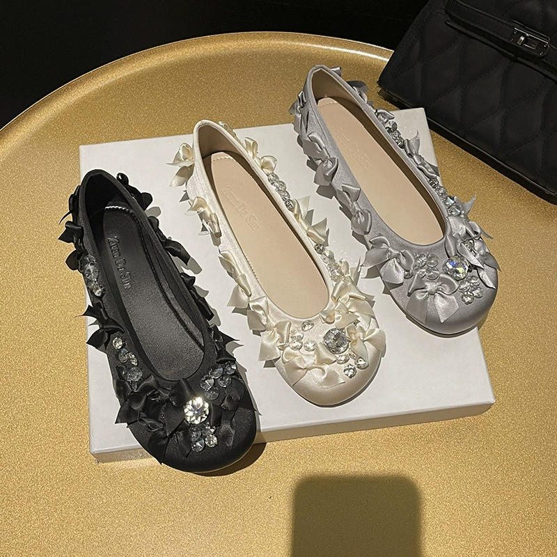 Стразы французская плоская обувь одиночная обувь женская 2025 новая маленькая ароматная блестка весна дикая женская обувь большого размера 41-43