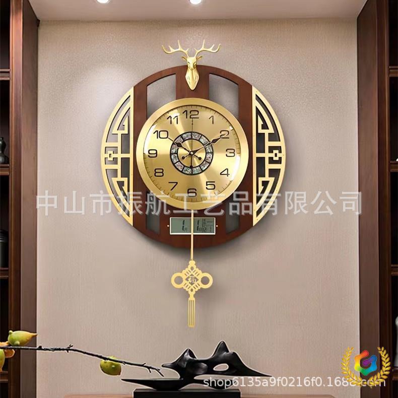 ✅新款黄铜新中式石英钟家用客厅装饰挂钟万年历中式大气钟表