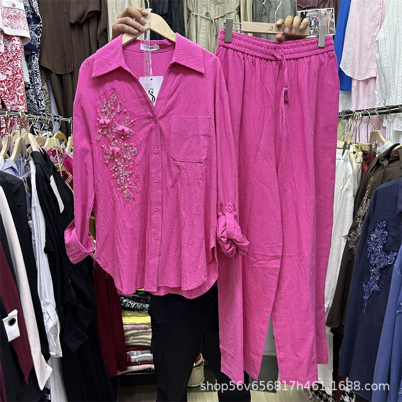 European Style Three-Dimensional Floral Loose Long-Sleeve Shirt Top + Elastic Waist Fashionable Casual Wide-Leg Two-Piece Set