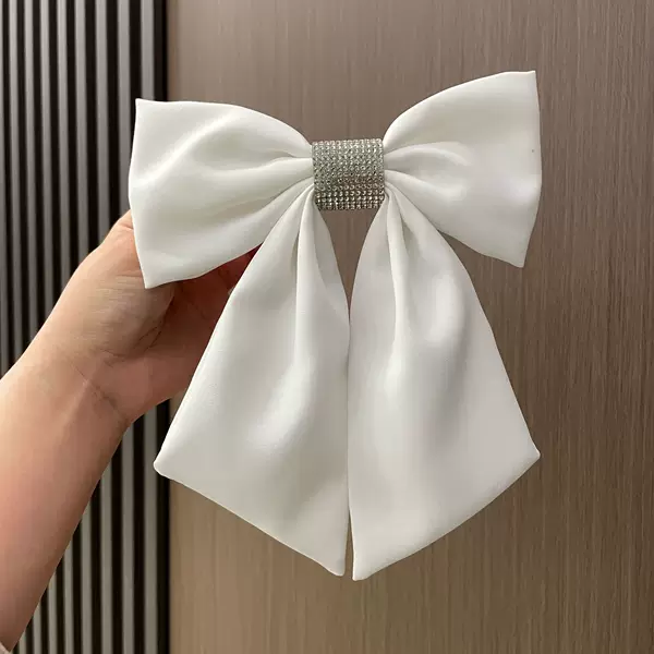 Pure White Satin Lace Embroidered Ribbon Bow Spring Clip Full Diamond Waist Fashionable High-end Back Ponytail Clip