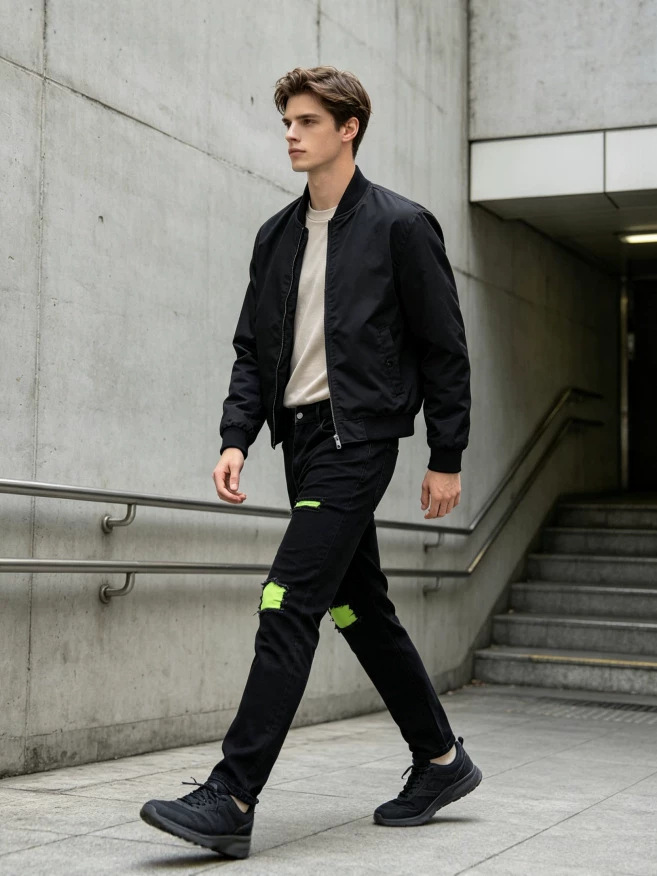 Jeans Rasgados Elásticos para Hombre en Mezclilla de Algodón, Corte Ajustado, Bloques de Color, para Uso Casual
