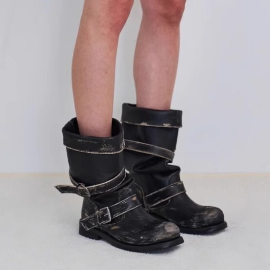Zhang Yuanying Style Belt Buckle Slouch Boots with Chunky Heels, Vintage Distressed Mid-Calf Boots, Korean Version Boots, Niche Work Boots for Women