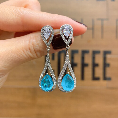 Gemini Jewelry Wholesale Imitation Paraiba Vintage Style Sparkling Full Diamond Setting Pendant Ring Earrings Set