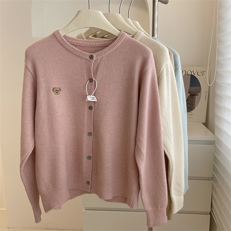 Women's Clothing High Grade Heavy Embroidery Fashion Round Neck Color Button Cashmere Soft Waxy Solid Color Versatile Basic Knitted Cardigan_voghion.com
