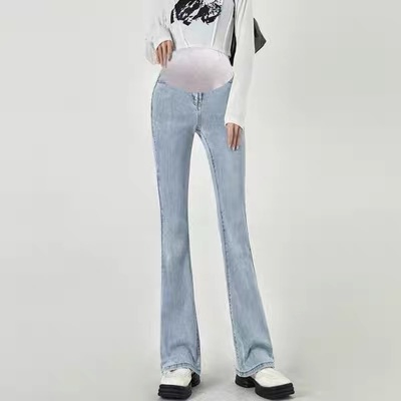 孕妇裤子蓝色春秋季外穿微喇叭裤不勒肚打底可调节托腹浅色牛仔裤|undefined