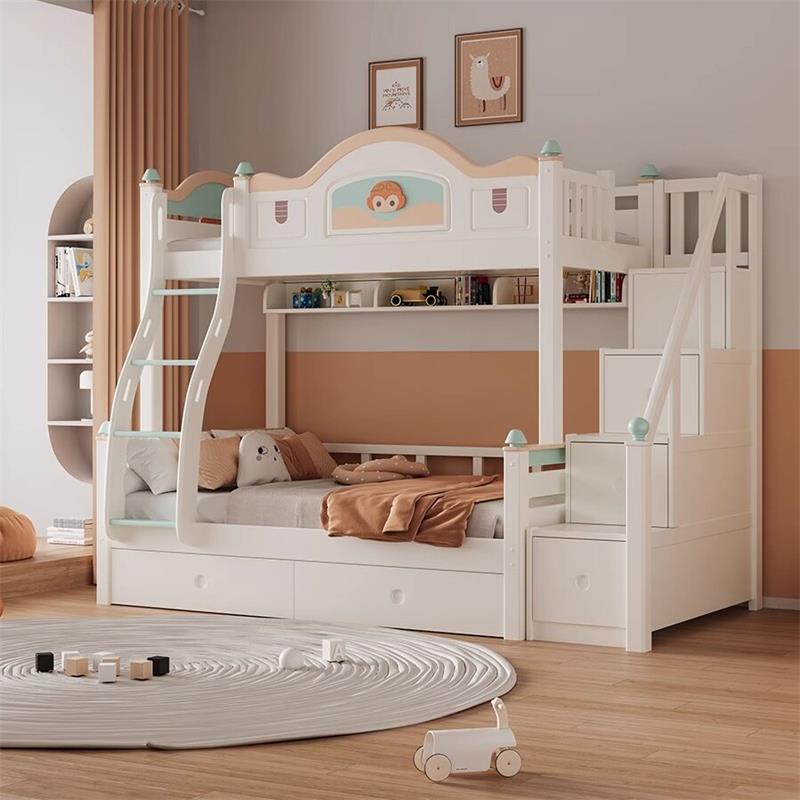 All solid wood small apartment double bed children's bed home bedroom high and low bed cute cartoon ladder up and down bed