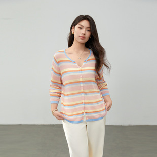 [Elegant Colorful Striped Lyocell V-Neck Knitted Cardigan] Slim and Show Plus Size Fat Mm2025 Summer New Style