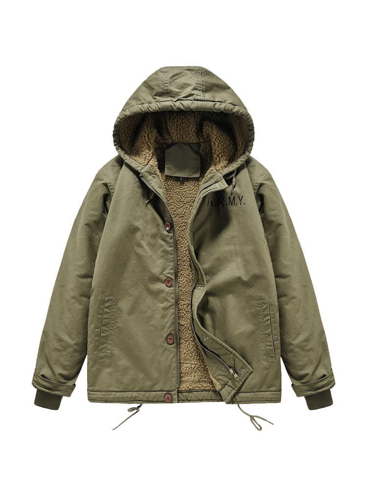 Abrigo de invierno para hombre al aire libre casual a prueba de viento con capucha superior suelta transfronteriza forrada de lana engrosada chaqueta de trabajo para hombres