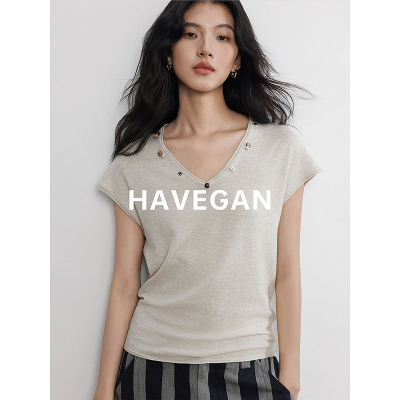 Havegan/Summer V-Neck Design Knitted Short-Sleeved T-Shirt for Women with Regular Shoulders 2026 New Elastic Top Havegan/Summer V-Neck Design Knitted Short-Sleeved T-Shirt for Women with Regular Shoulders 2026 New Elastic Top