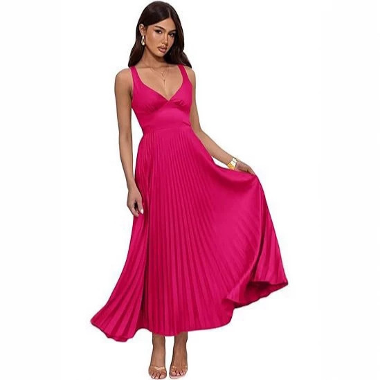 New Foreign Trade Cross-Border Summer Dress, Wedding V-Neck Satin Pleated Design, Slim-Fit Evening Gown, Long Style with a High-End Feel New Foreign Trade Cross-Border Summer Dress, Wedding V-Neck Satin Pleated Design, Slim-Fit Evening Gown, Long Style with a High-End Feel