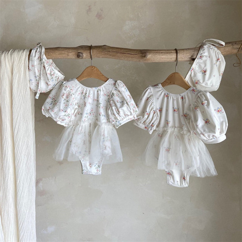 Baby girl summer floral mesh skirt quick-drying one-piece swimsuit with hat little girl hot spring swimsuit