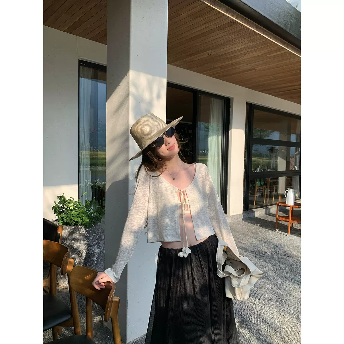 趋梦DT ETOLIE细闪系带露脐长袖针织衫女夏薄款防晒开衫短款上衣