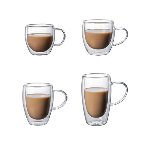 Factory wholesale insulated double-layer glass milk cup with handle, transparent glass water cup for home use, flat rim coffee cup