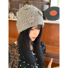 韩系甜美立体花朵手工毛线帽子女秋冬季百搭包头帽保暖护耳针织帽
