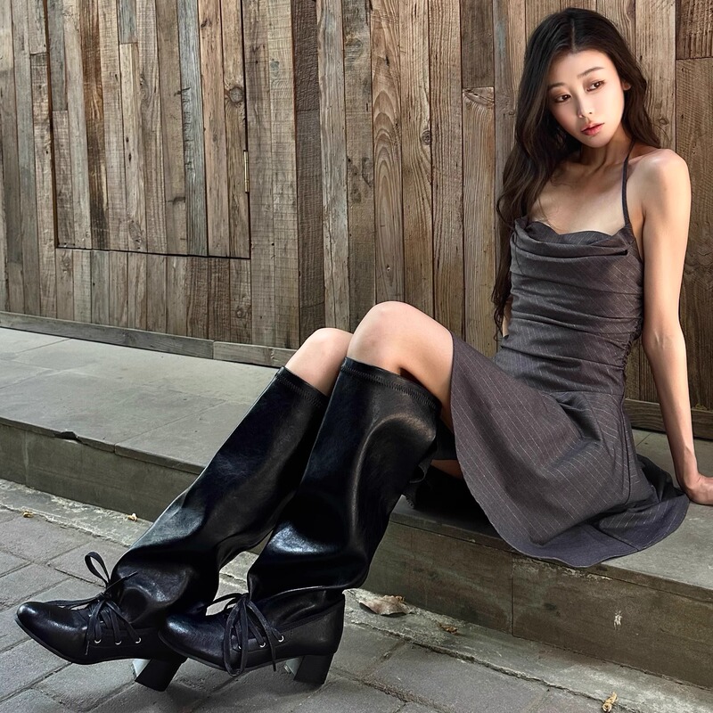 复古绑带小众设计感裤筒靴粗跟厚底长筒靴女不过膝尖头高筒骑士靴|undefined