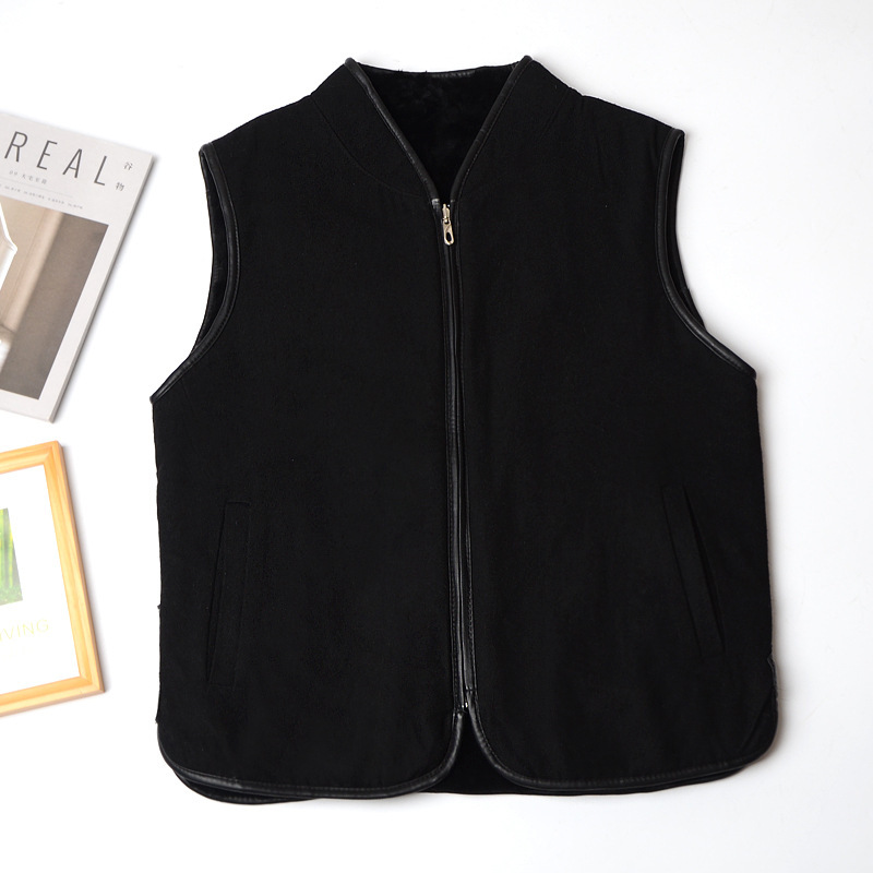 Real Sheep Fur One-piece Vest Men's Middle-aged and Elderly Plus Fertilizer Plus Winter Warm Wool Vest Black Fur