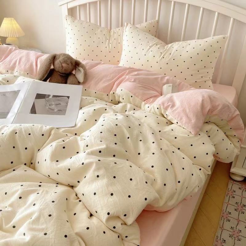 Pink Polka Dot Bedding Set, Student Dormitory Three-Piece Set, Four-Piece Set, Skin-Friendly Washed Cotton Four-Piece Set