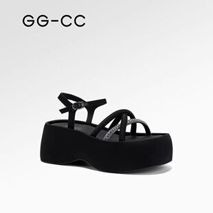 [Same Style as Yang Chaoyue] Ggcc Summer Chanson 2025 New Summer Fashion Rhinestone Black Thick-Soled Sandals for Women