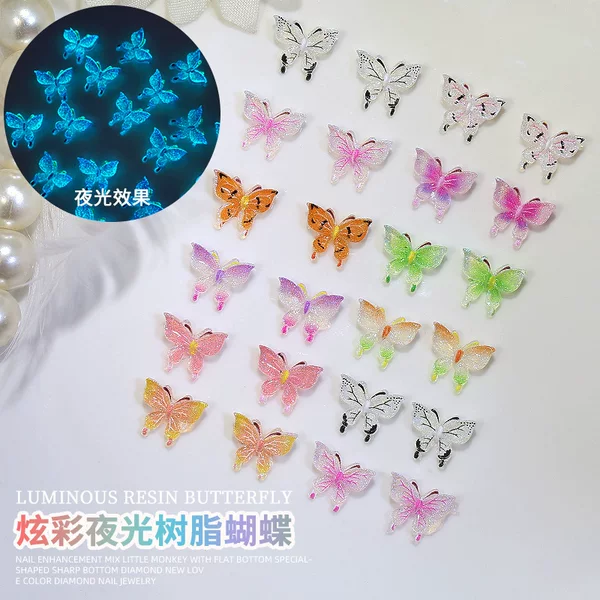 Internet Celebrity Elf Butterfly Nail Art Accessories Wholesale Stereo Colorful Gradient Luminous Fairy Butterfly DIY Nail Decoration