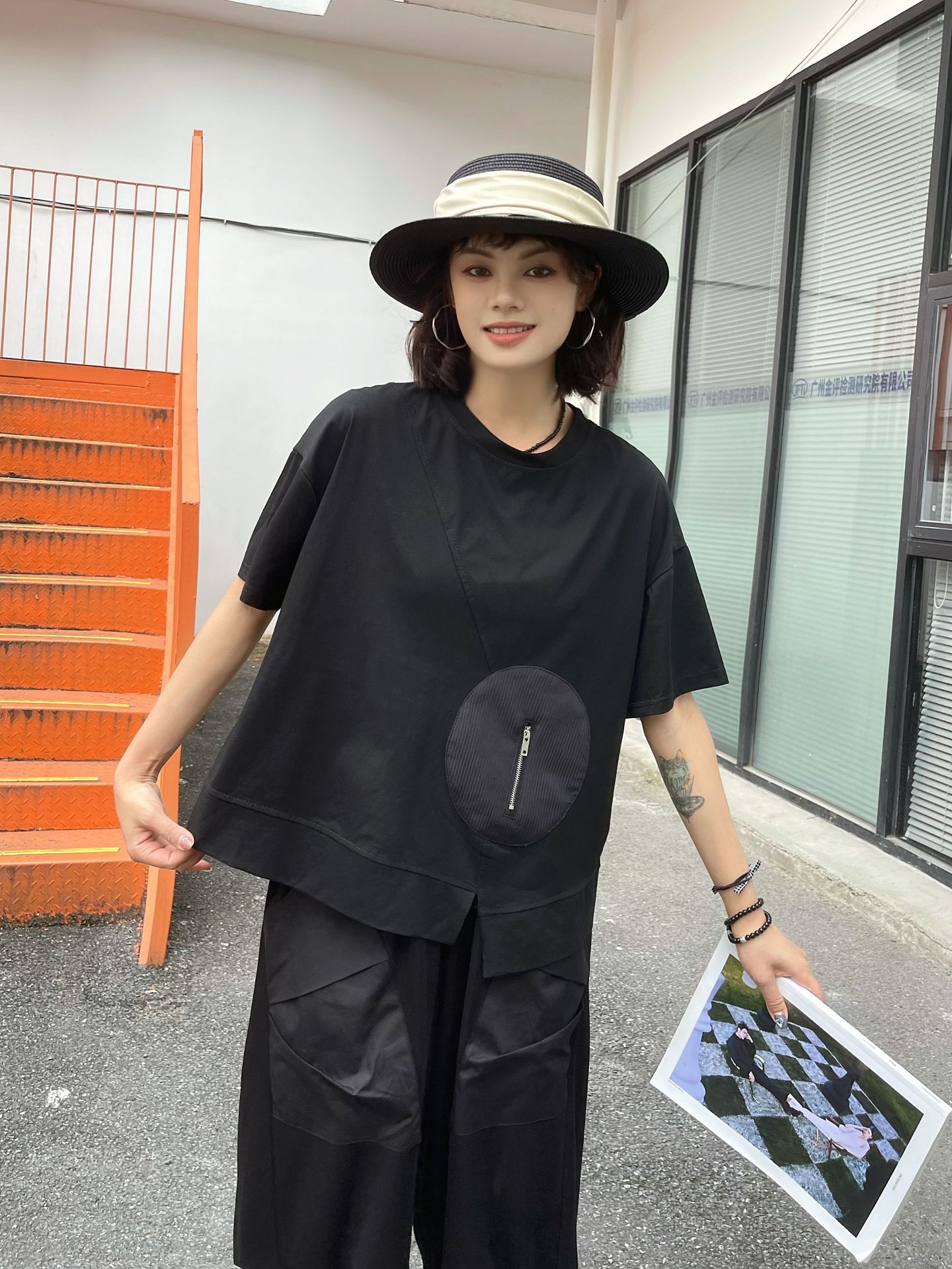 250373暗黑系山本风潮女装夏季新款不规则口袋拉链圆领短袖T恤潮 pic 4