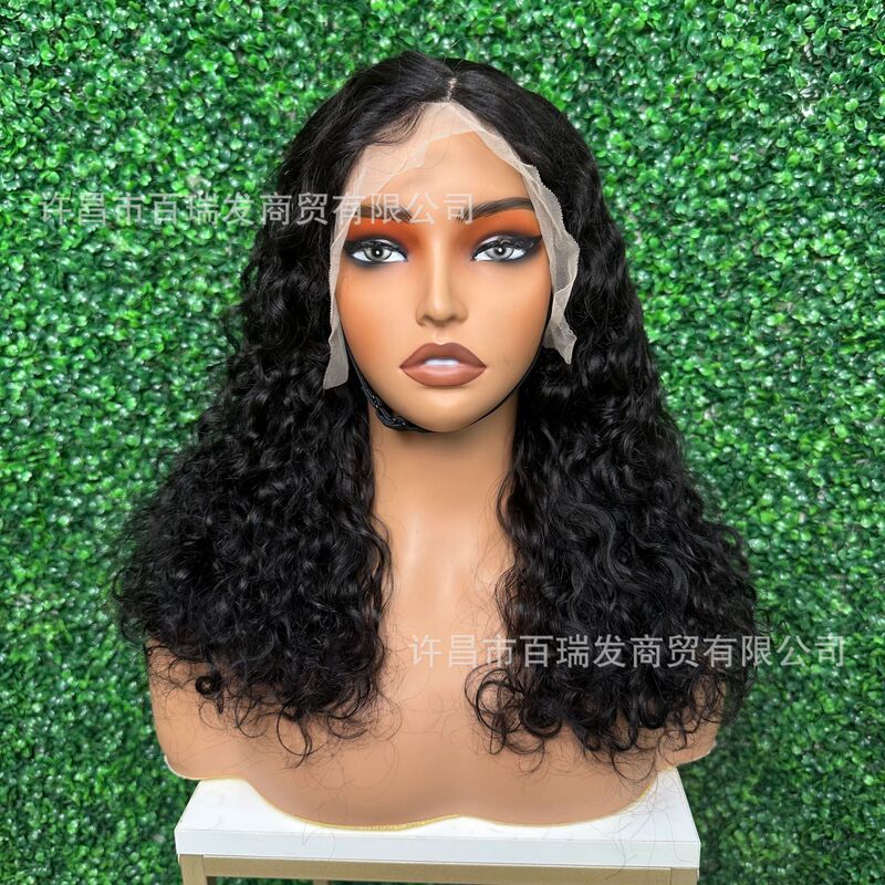 Cross-Border Wholesale 13×4 Front Lace Real Hair Curly Wig Head Cover Front Lace Water Wave Wig