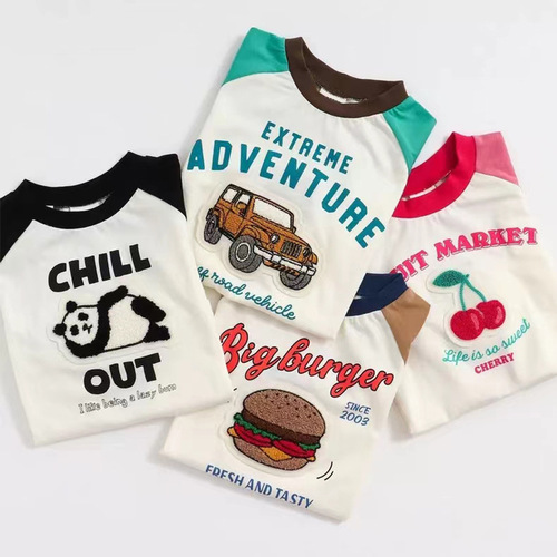  Fall Children's Embroidered Hamburger Panda Pattern Drop Shoulder Round Neck Long Sleeve T-Shirt