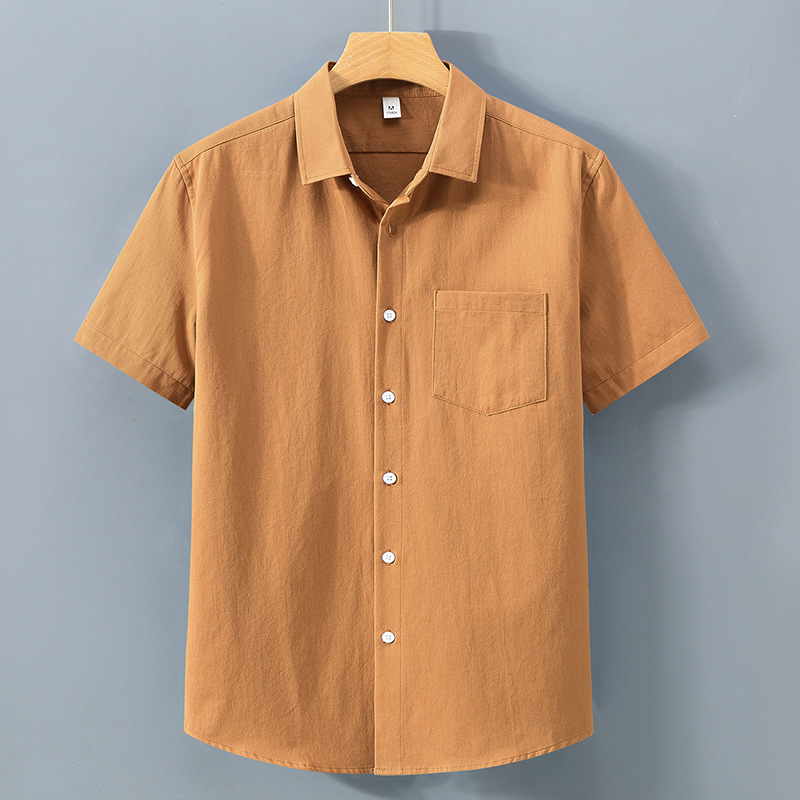 1502 American Heavy Short-Sleeved Shirt Men's Summer Pure Color Lapel Flap Pocket Pants Casual Shirt Pure Cotton White Shirt