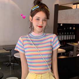 夏季新款韩版彩虹条纹修身超火短袖针织衫百搭短款露脐T恤衫女潮