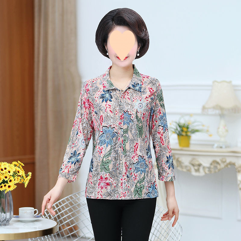 中高年の婦人服の薄い氷のシルクのシャツの長袖の女性の夏の新型のおばあさんはゆったりとしたカジュアルな大きいサイズの上着を詰めます。|undefined