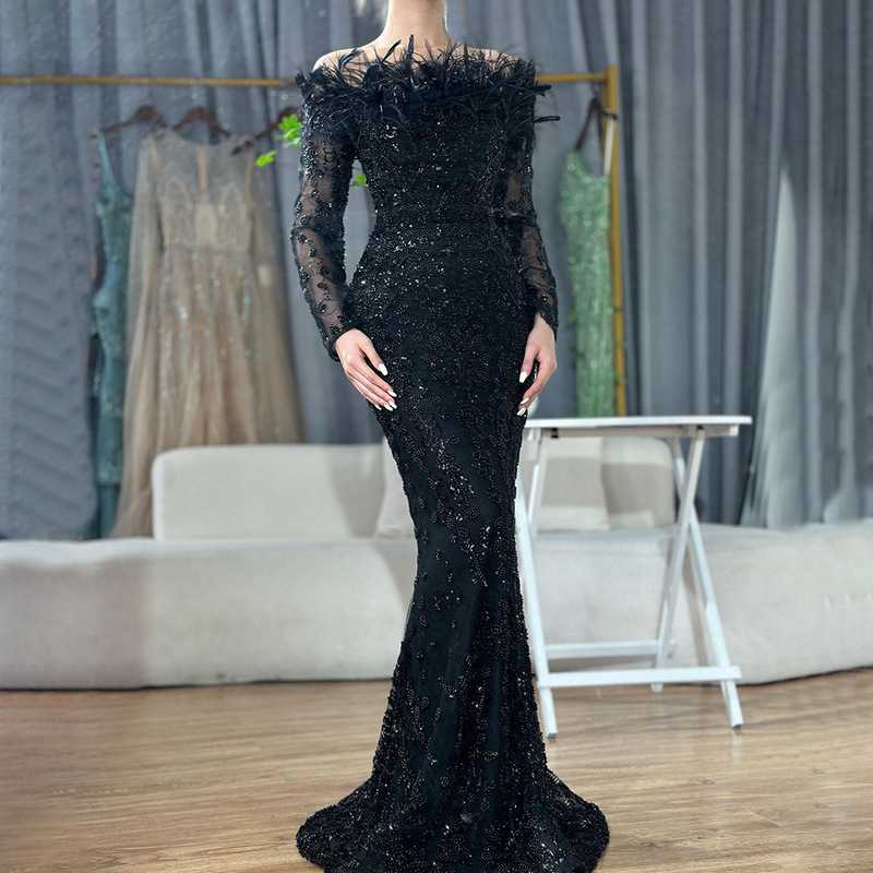 25 Export Black One-Shoulder Feather Fishtail Dress, Accessible Luxury and Elegant Elegant Lady Banquet Host Evening Dress