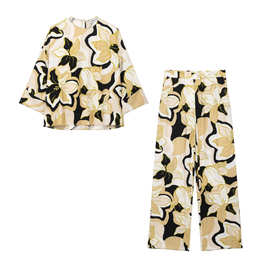 批发2025春季新款女装印花宽松衬衫+宽管长裤套装女NN8-7496