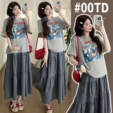 网红款孕妇夏装韩版慵懒风印花短袖上衣格子半身裙夏季新款两件套