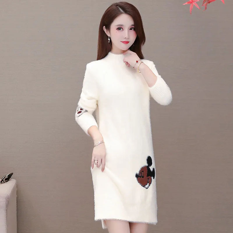 Thickened Imitation Mink Cashmere Sweater Women's New Autumn and Winter Mid-length Loose Embroidered Cartoon Mickey Knitted Base Shirt Trendy
