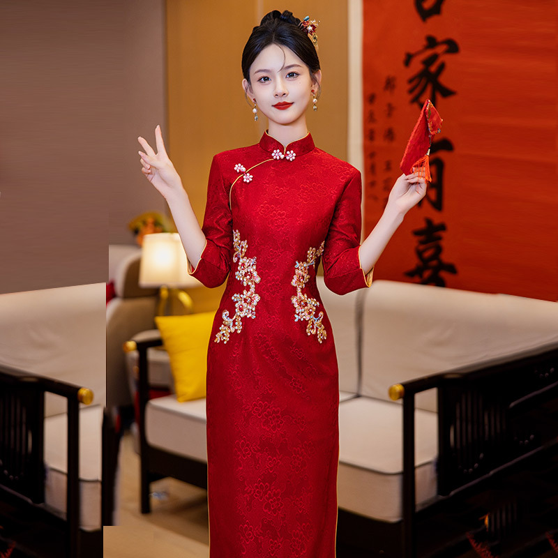 紅色國風改良旗袍新款2024年輕款女復古中式新娘敬酒服訂婚回門服